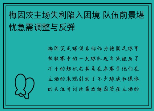 梅因茨主场失利陷入困境 队伍前景堪忧急需调整与反弹