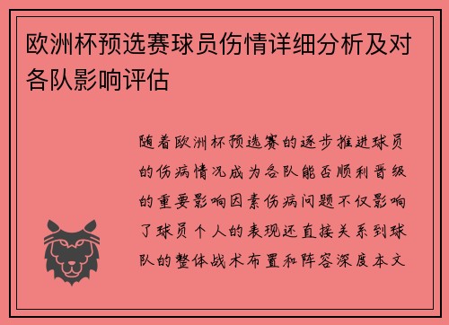 欧洲杯预选赛球员伤情详细分析及对各队影响评估