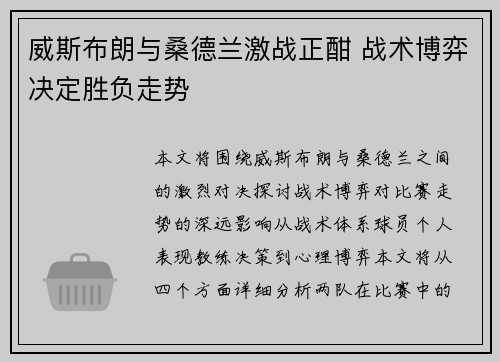 威斯布朗与桑德兰激战正酣 战术博弈决定胜负走势